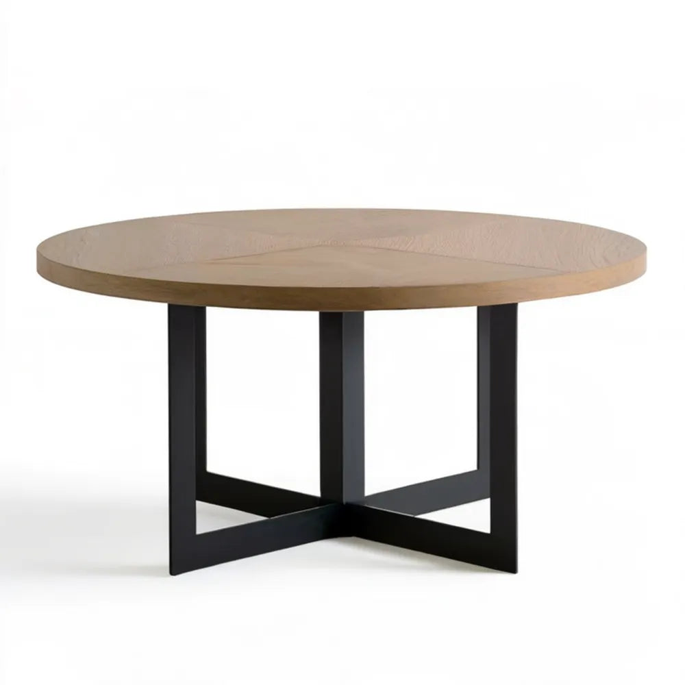 Okrągły stół do jadalni Ø120 × 75 cm z blatem MDF w fornirze dębowym i czarną stalową podstawą