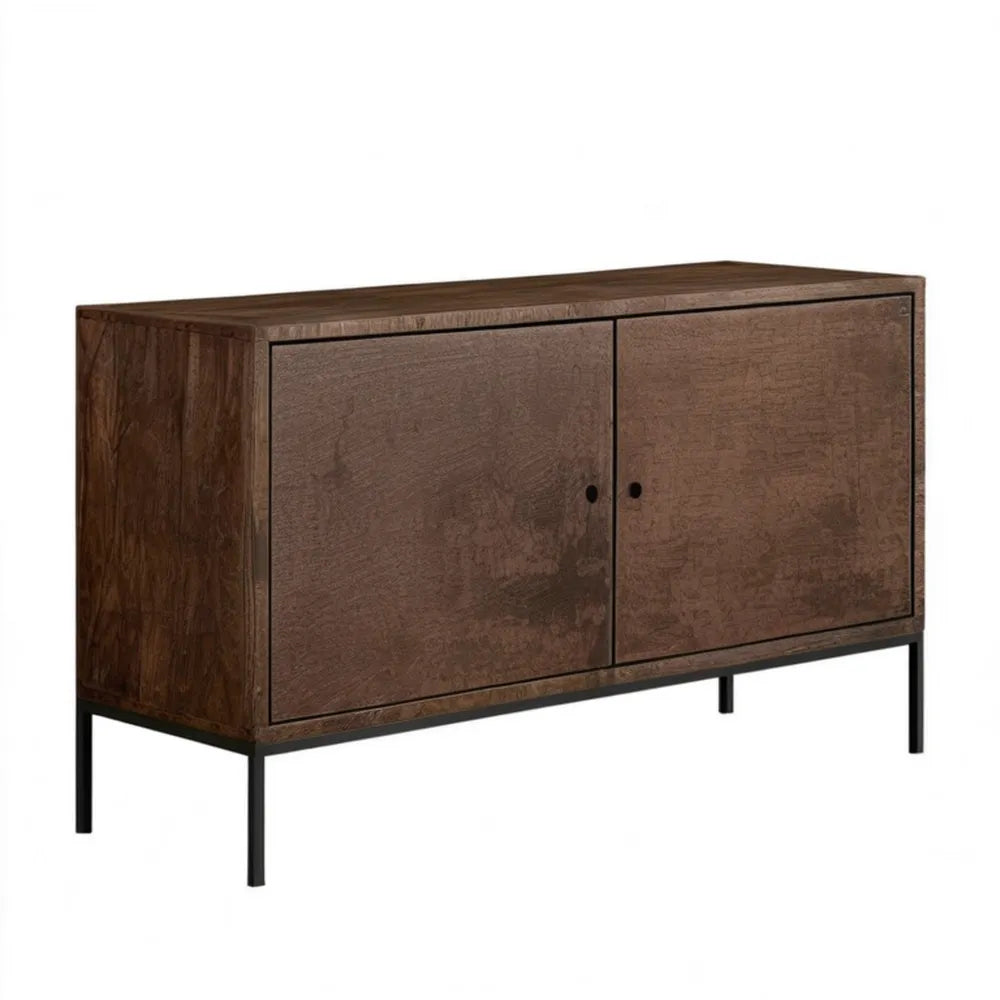 Brązowa szafka RTV z fornirem z drewna mango i czarnymi metalowymi nogami, 120 x 40 x 75 cm