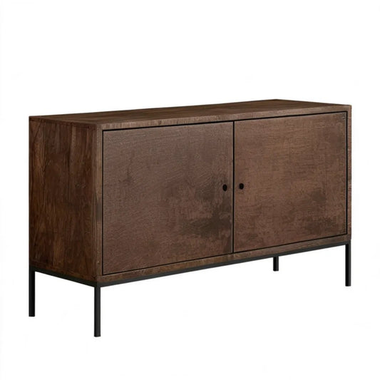 Brązowa szafka RTV z fornirem z drewna mango i czarnymi metalowymi nogami, 120 x 40 x 75 cm