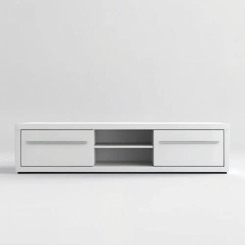 Biała szafka RTV z płyty MDF 180 × 40 × 45 cm ze srebrnymi uchwytami
