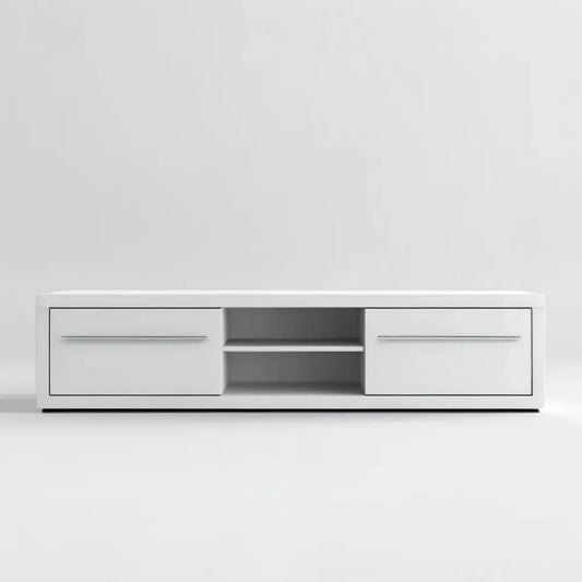 Biała szafka RTV z płyty MDF 180 × 40 × 45 cm ze srebrnymi uchwytami