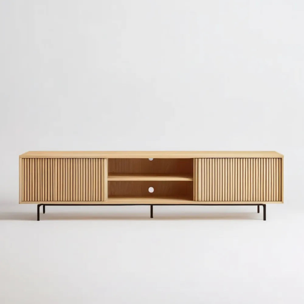 Szafka RTV z MDF z fornirem dębowym, naturalny dąb/czarny, 180 × 40 × 55 cm