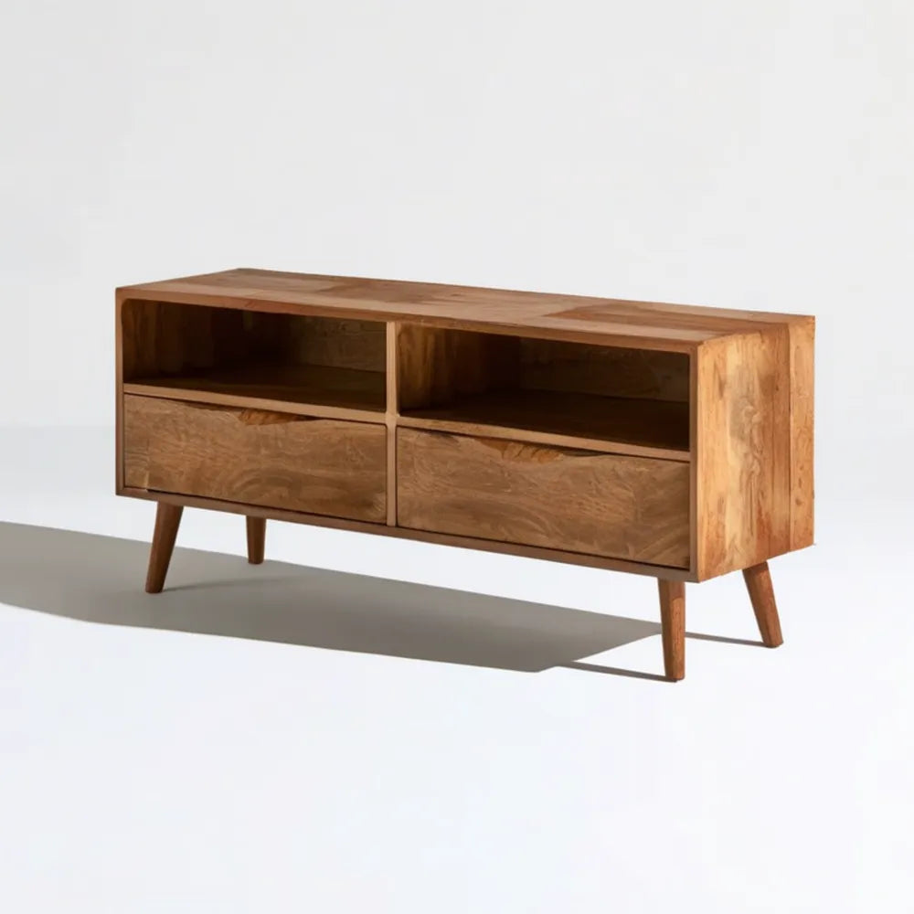 Szafka RTV z litego drewna mango, brązowa, 140 x 40 x 55 cm