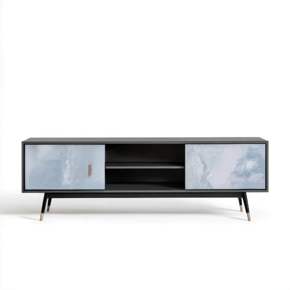 Szafka RTV 180 x 40 x 55 cm z przesuwnymi frontami, czarna marmurkowa
