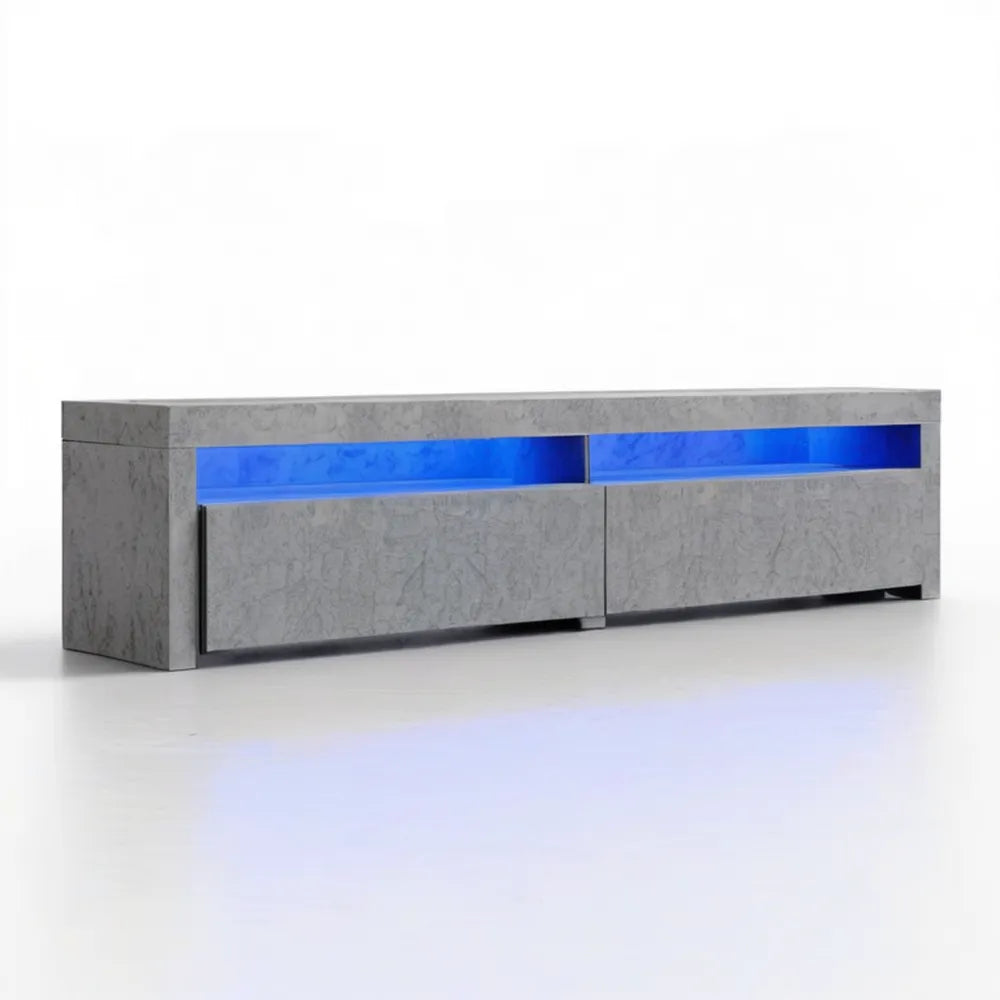 Szafka RTV w dekorze szarego betonu z niebieskim oświetleniem LED, 160 x 35 x 40 cm