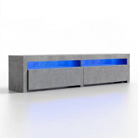 Szafka RTV w dekorze szarego betonu z niebieskim oświetleniem LED, 160 x 35 x 40 cm