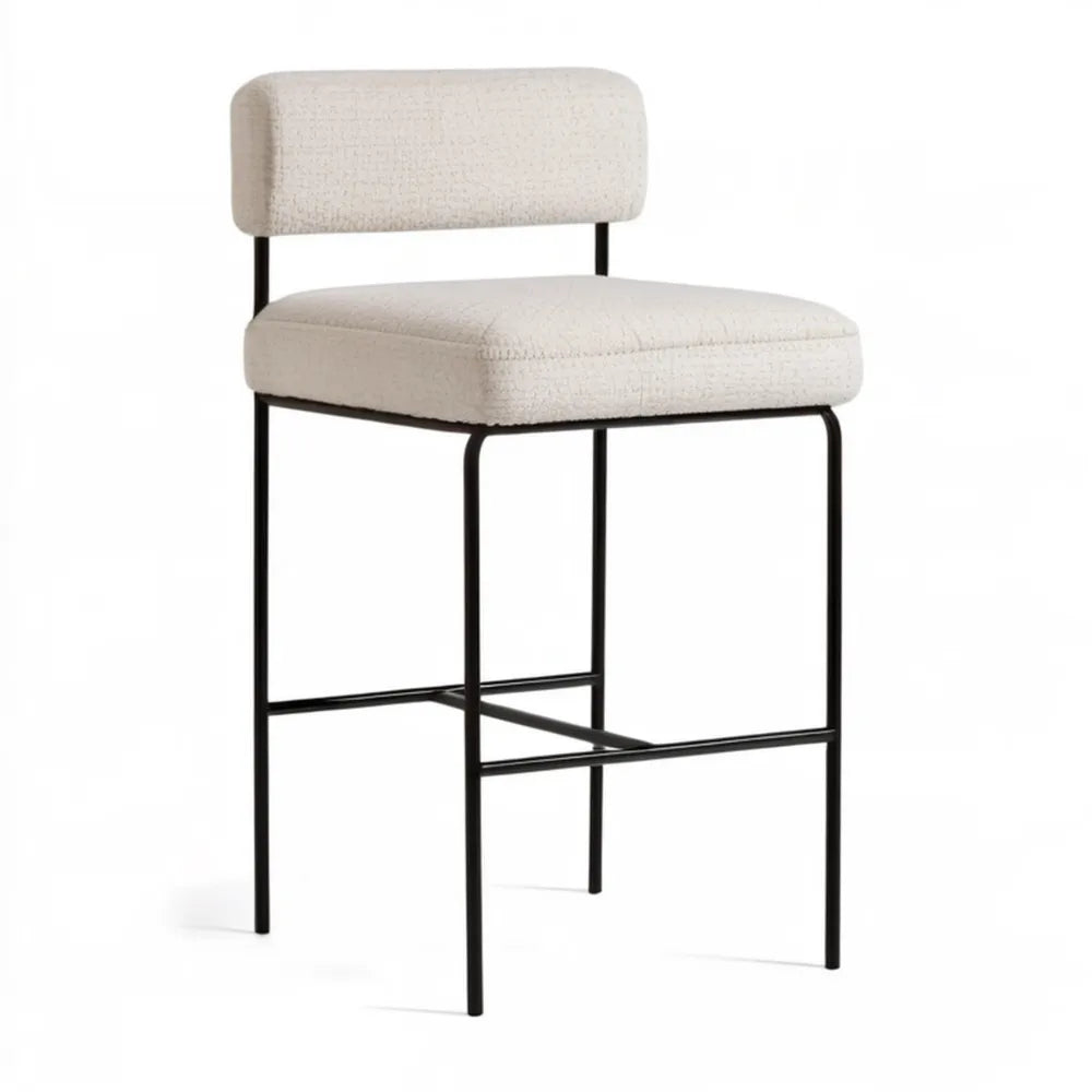 Hoker barowy z oparciem bouclé kremowo-czarny 48 x 52 x 102 cm